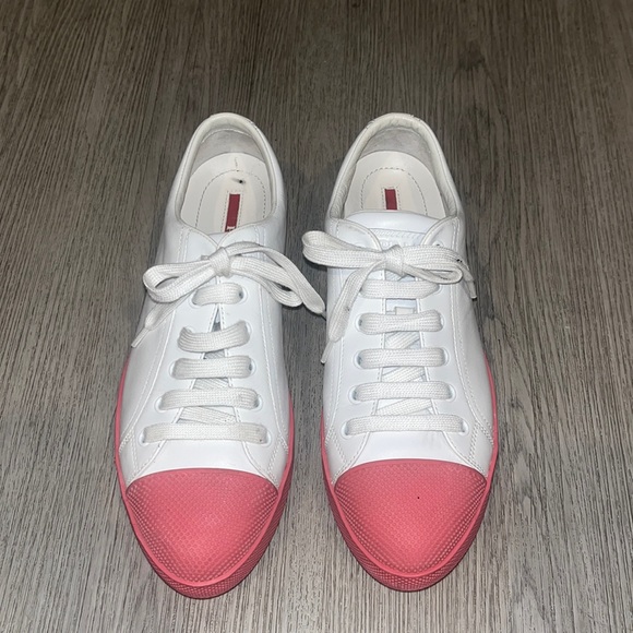 Like new Prada Linea Rossa Cap Toe Leather Sneaker, White & Pink - Picture 1 of 11